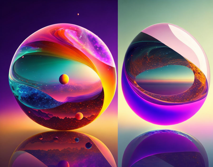 Vibrant surreal spheres with cosmic designs on glossy surface