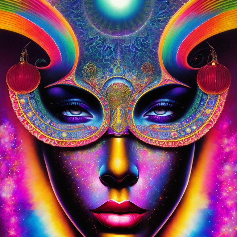 Colorful Face Artwork with Mask-Like Details and Rainbow Patterns