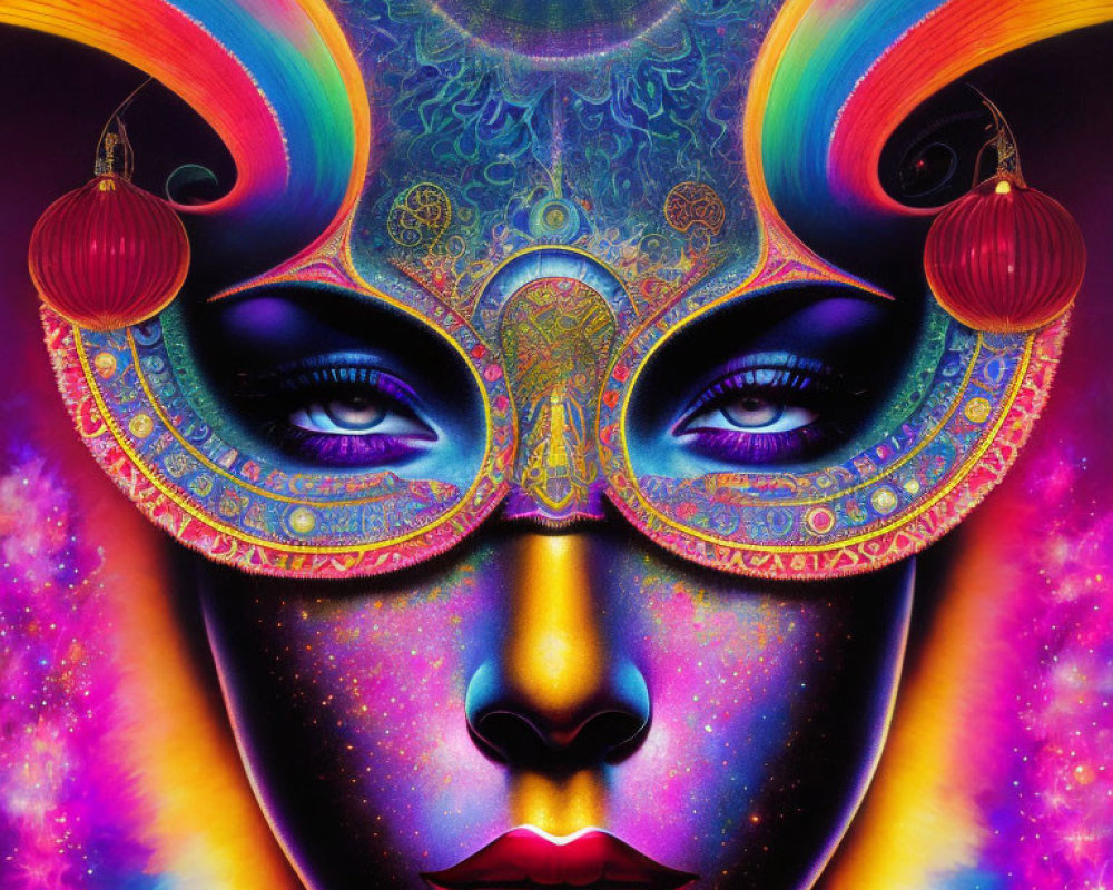 Colorful Face Artwork with Mask-Like Details and Rainbow Patterns