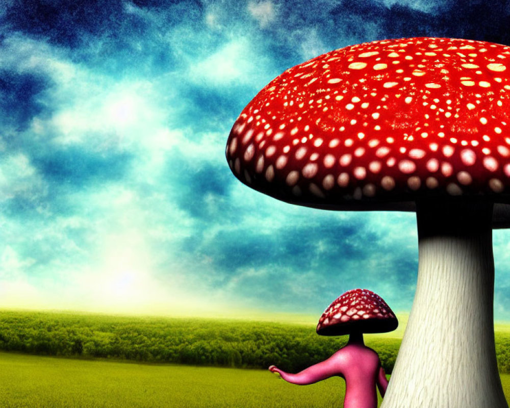 Giant red and white mushroom in surreal scene with smaller figure and vibrant blue sky