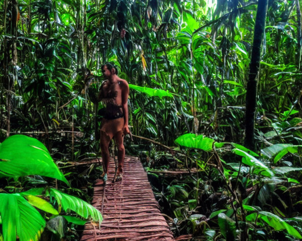 Indigenous Person Walking on Wooden Bridge in Lush Rainforest