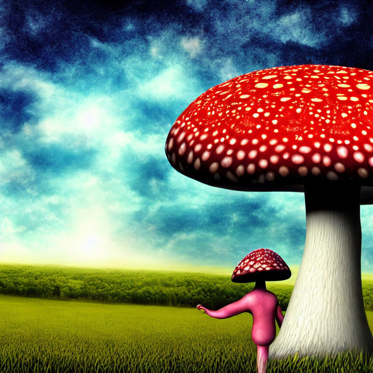 Giant red and white mushroom in surreal scene with smaller figure and vibrant blue sky