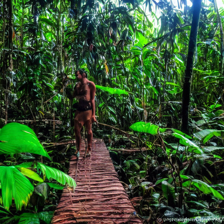 Indigenous Person Walking on Wooden Bridge in Lush Rainforest