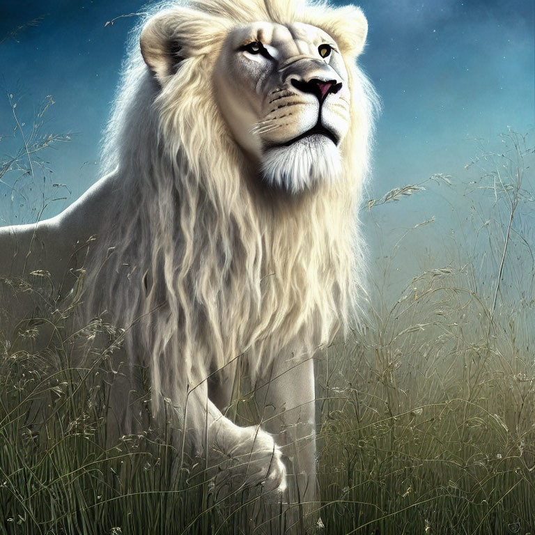White lion with prominent mane in tall grass under night sky.