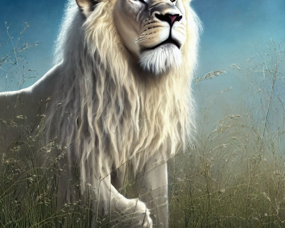 White lion with prominent mane in tall grass under night sky.