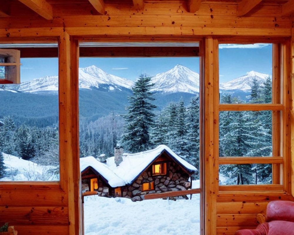 Snowy mountain view from cozy wooden cabin interior