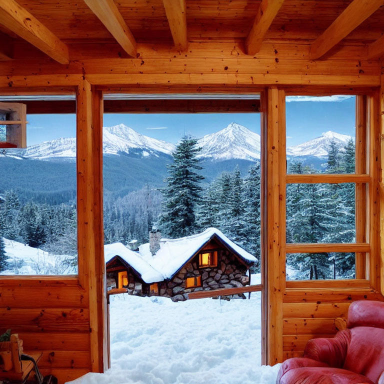 Snowy mountain view from cozy wooden cabin interior