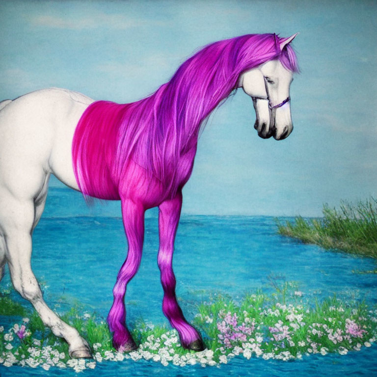 White Horse with Purple Mane and Water Background: Nature Scene with Flowers