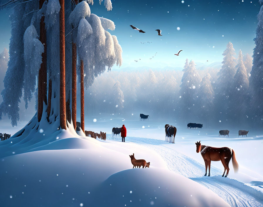 Tranquil winter scene with couple, horses, dogs, snow-covered trees, and birds.