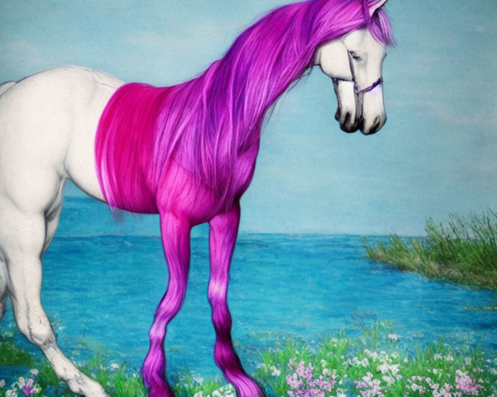 White Horse with Purple Mane and Water Background: Nature Scene with Flowers