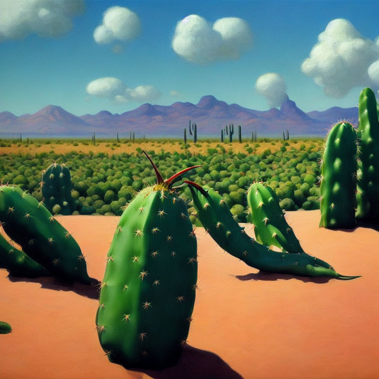 Stylized desert landscape with cacti, mountains, and cloudy sky