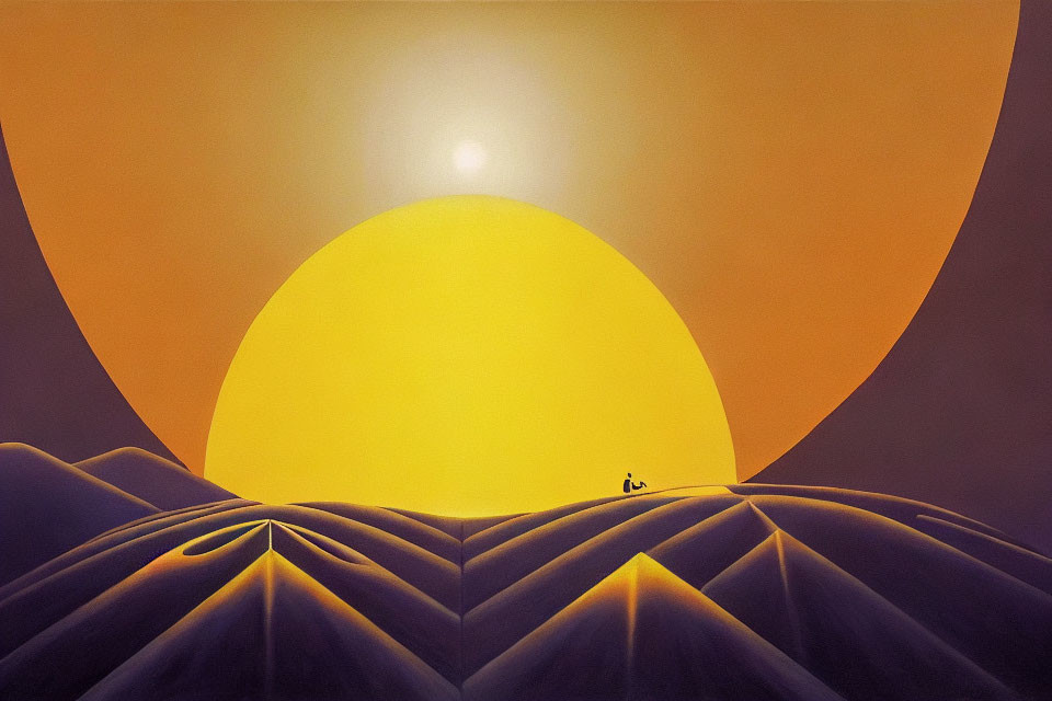 Surreal painting of person on dune under glowing sun