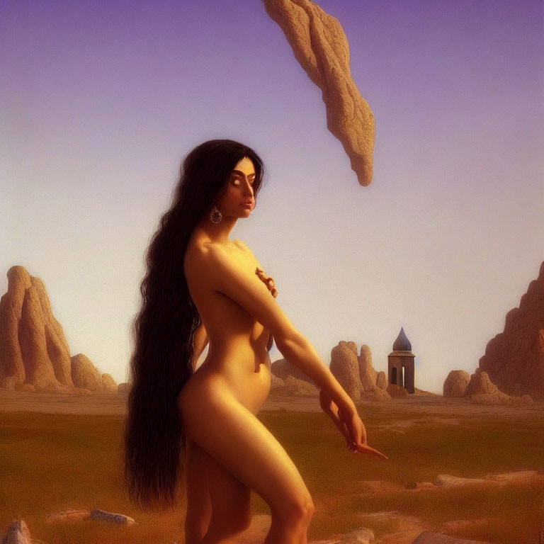 Digital art: Nude woman in surreal desert with floating rocks and tower