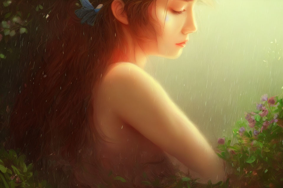 Woman with Long Hair and Butterfly Clip in Tranquil Rainy Setting