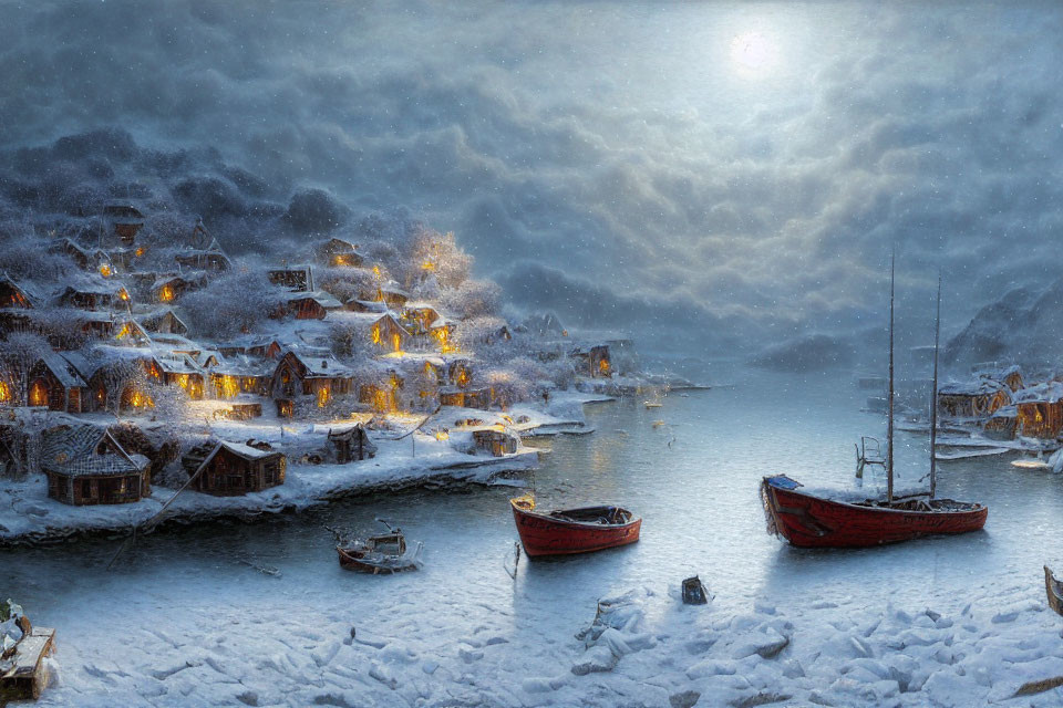 Snow-covered village by the sea: Moonlit sky, cozy cottages, boats on icy shore