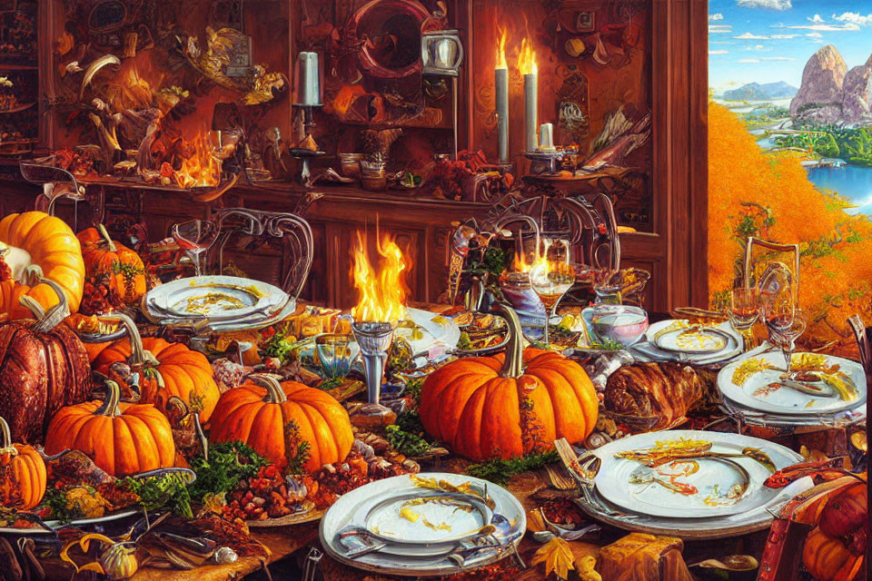 Autumn-themed banquet with pumpkins, roaring fire, festive table setting, colorful landscape.