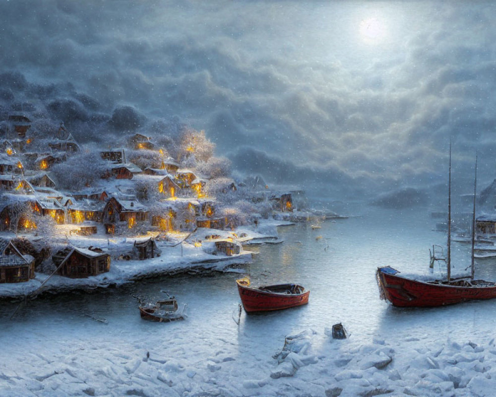 Snow-covered village by the sea: Moonlit sky, cozy cottages, boats on icy shore