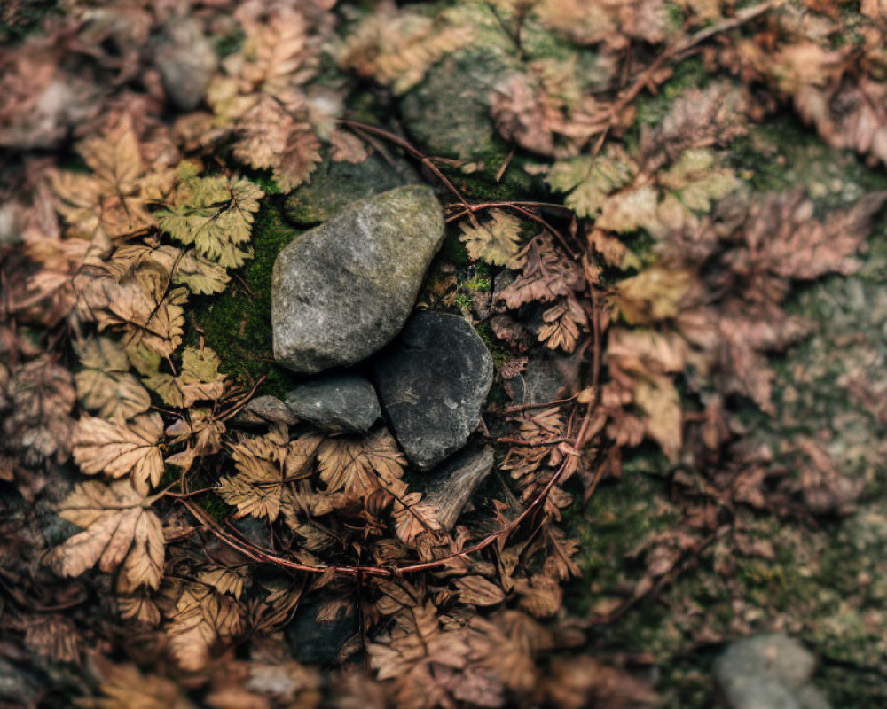 Forest floor scene: rocks, twigs, leaves, moss.