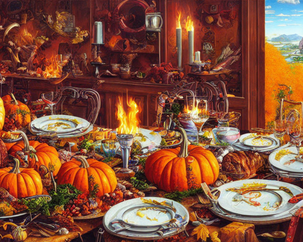 Autumn-themed banquet with pumpkins, roaring fire, festive table setting, colorful landscape.