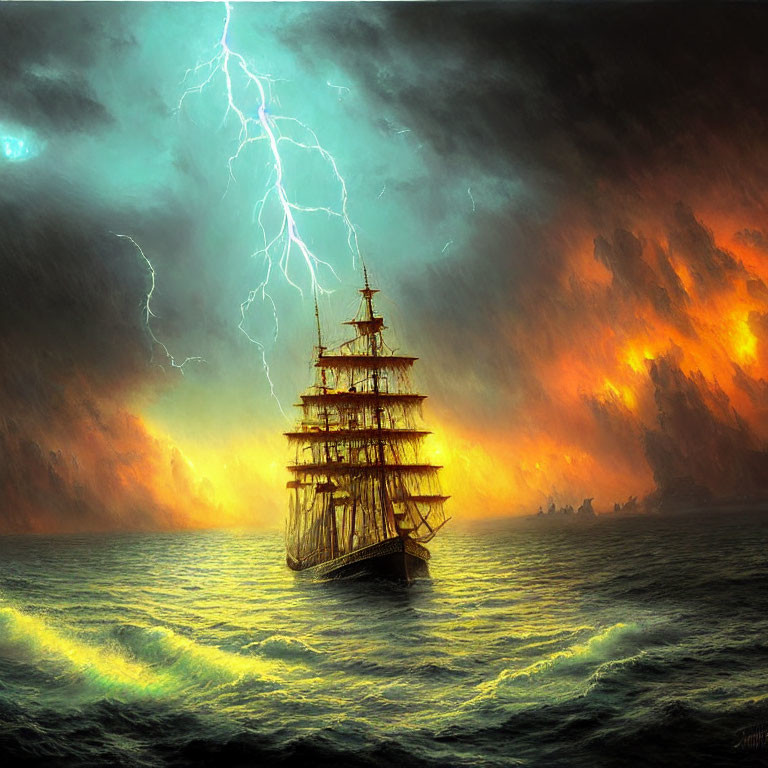 Sailing ship battles storm with lightning in dark skies