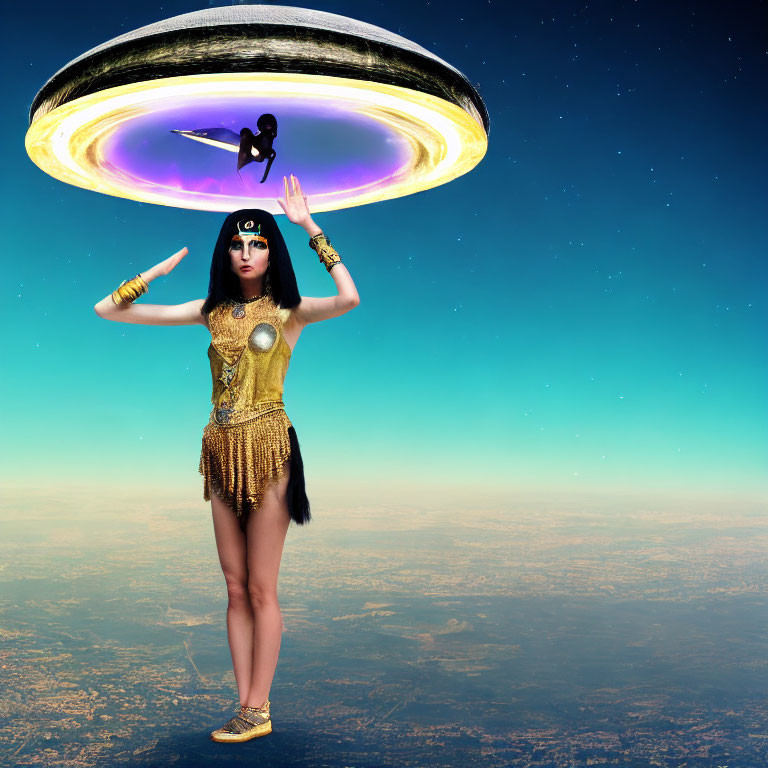 Woman in Egyptian goddess costume with surreal UFO and silhouetted figure against Earth backdrop