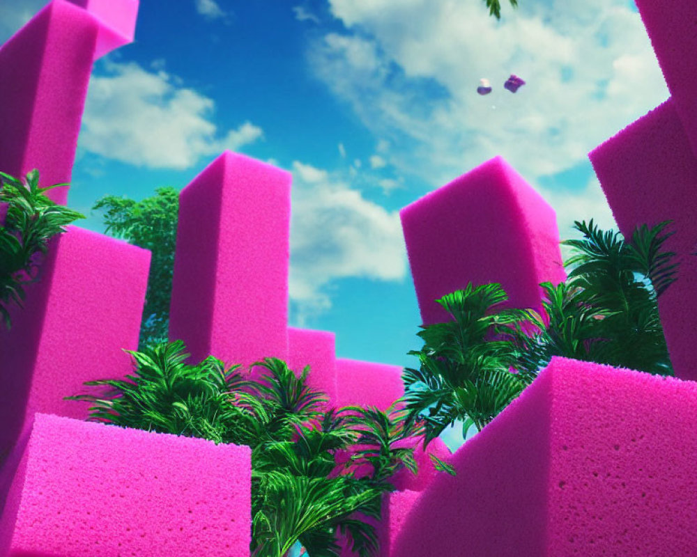 Vibrant pink sponge-like towers with palm trees under blue sky