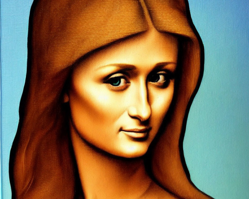 Stylized painting of woman with mysterious smile in brown cloth on blue background