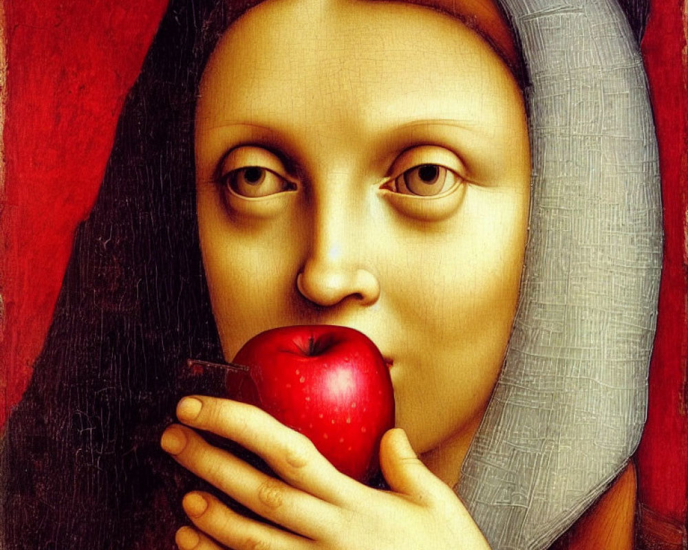 Famous art reinterpreted with a modern twist: Mona Lisa holding a red apple.