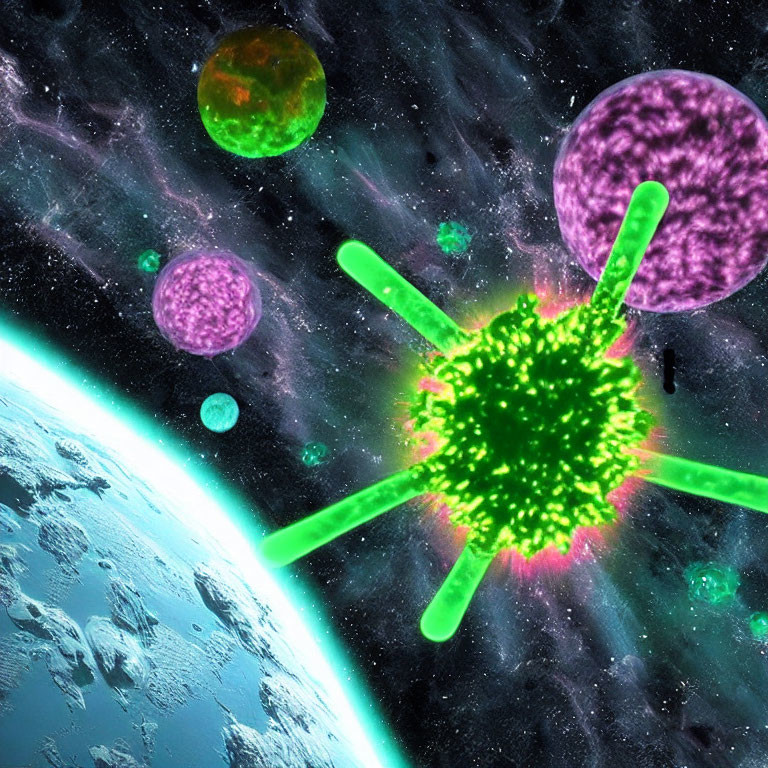 Colorful oversized virus with spike proteins near Earth in vibrant illustration.