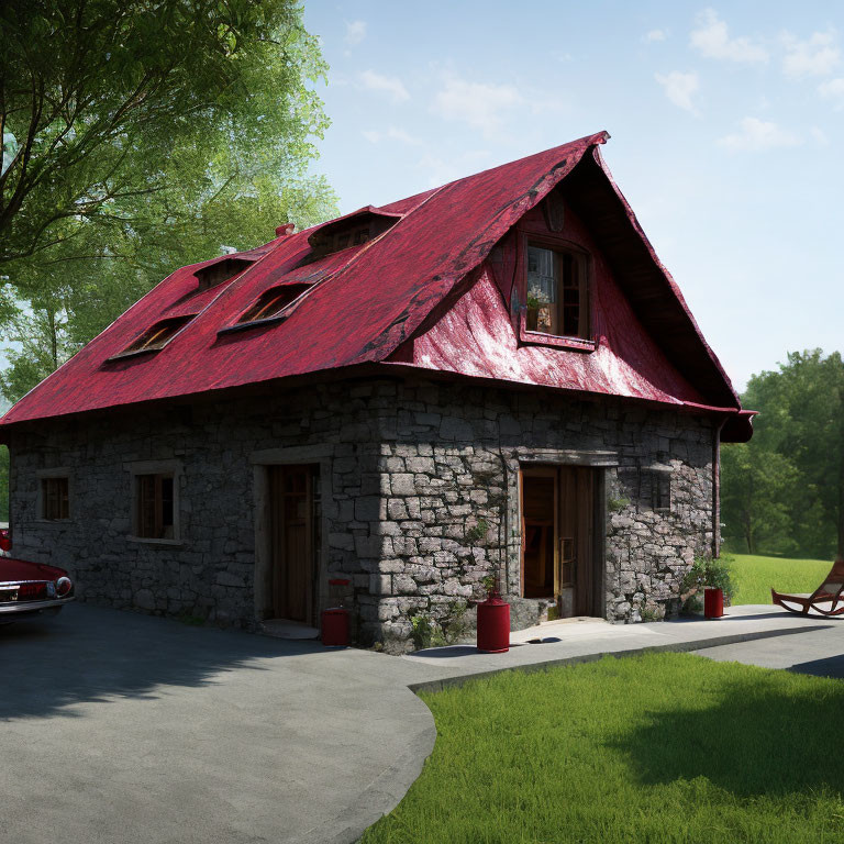 Stone house with red roof, greenery, red car, and picnic table