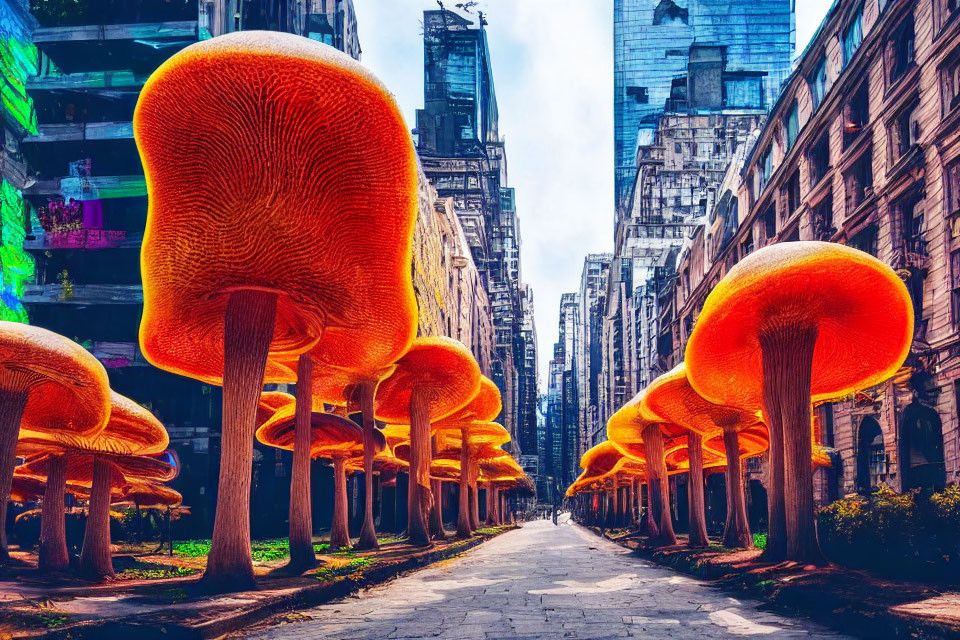 Fantastical mushrooms on city street among modern buildings