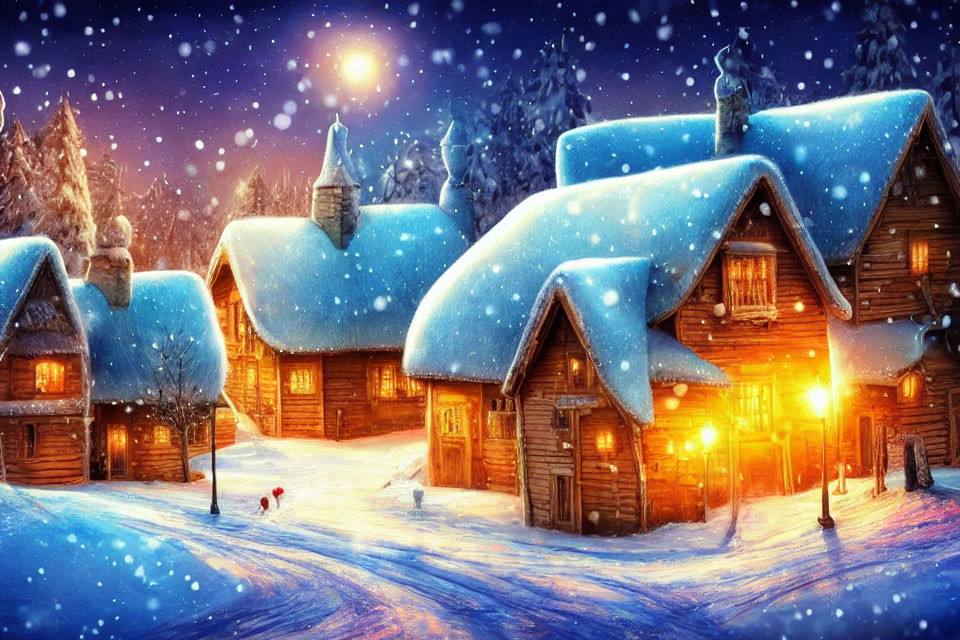 Winter scene: Snow-covered wooden houses under twilight sky