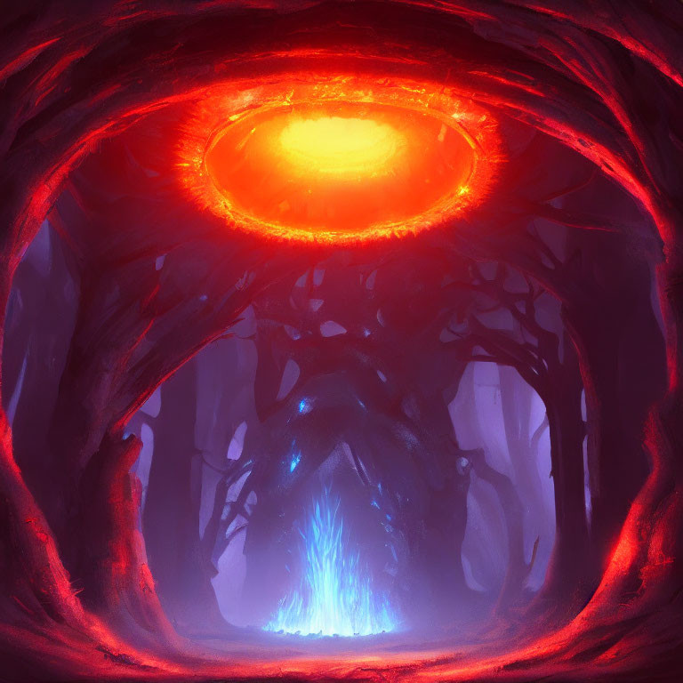 Eye-shaped fiery structure above blue crystal in dark cave with twisted branches