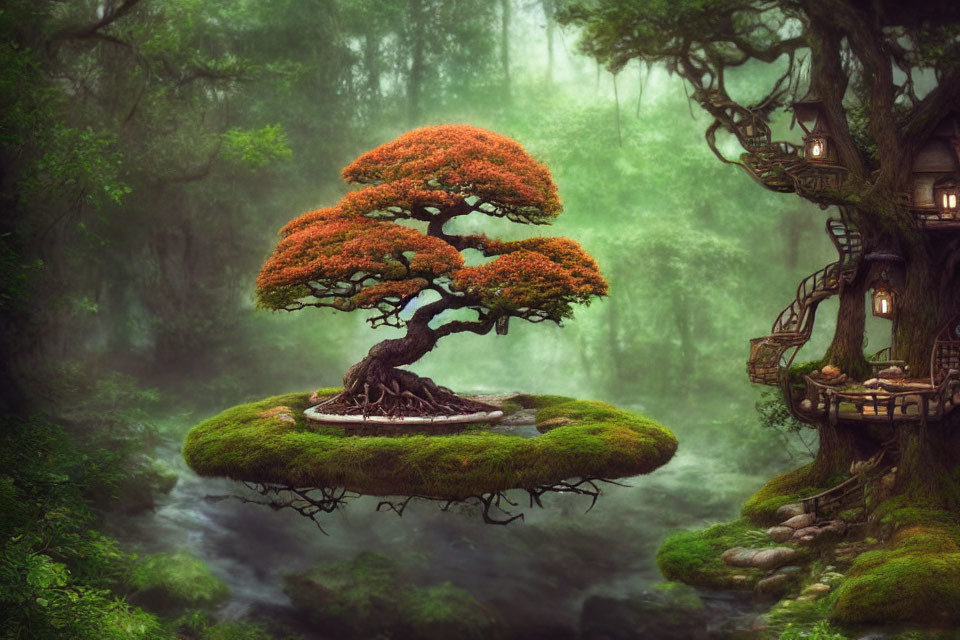 Mystical floating island with vibrant bonsai tree and treehouse in serene forest