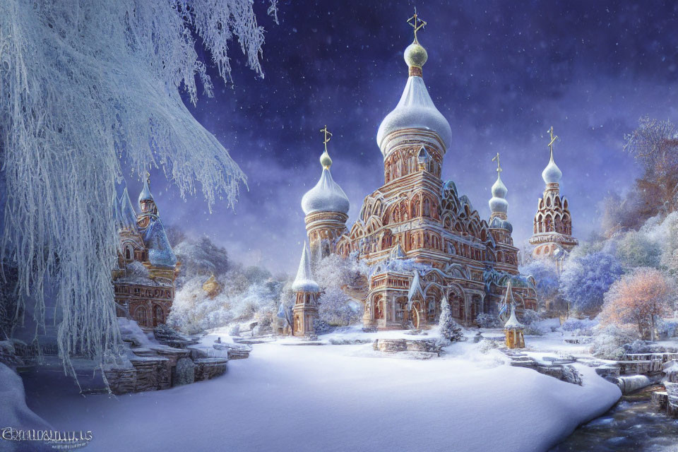 Snowy Cathedral with Onion Domes in Twilight