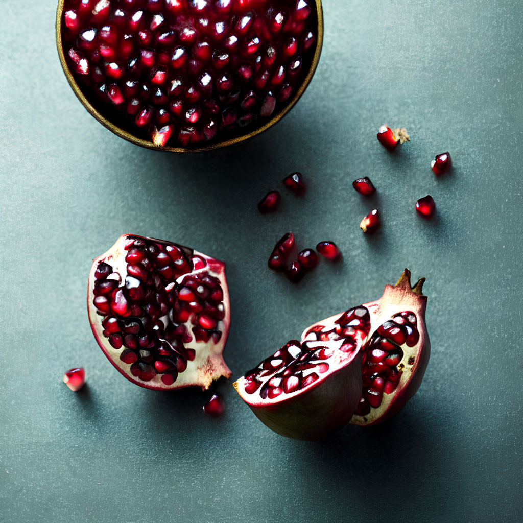 Ripe pomegranate halves and seeds on dark surface, one bowl filled.