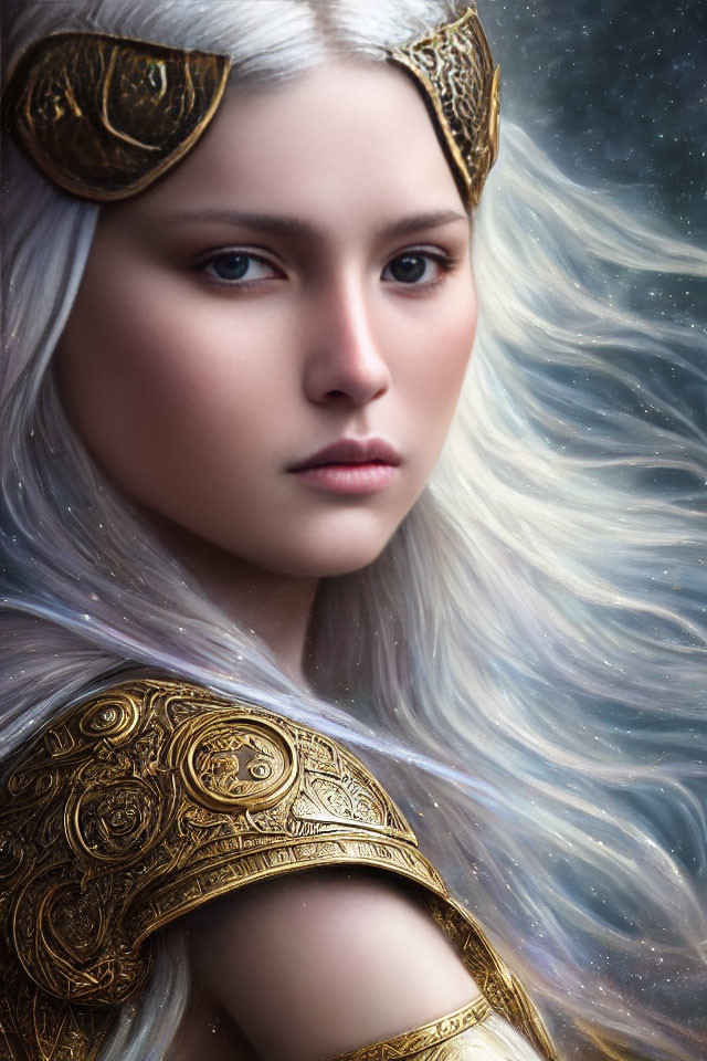 Ethereal woman in golden armor with blue eyes and stars