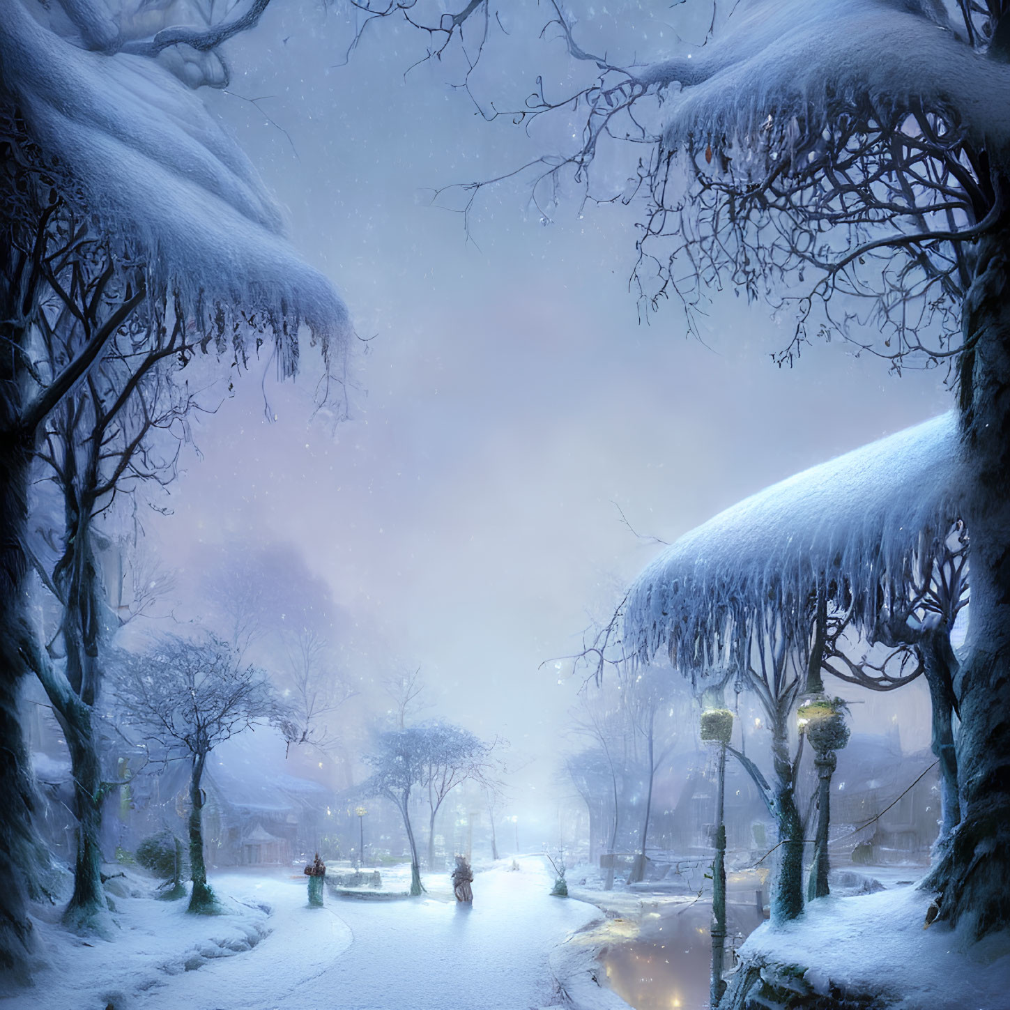 Snow-covered trees and glowing street lamps in serene winter twilight.