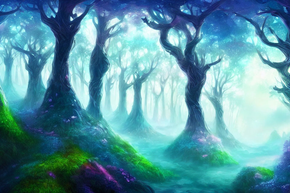 Misty forest with twisted trees and purple flowers