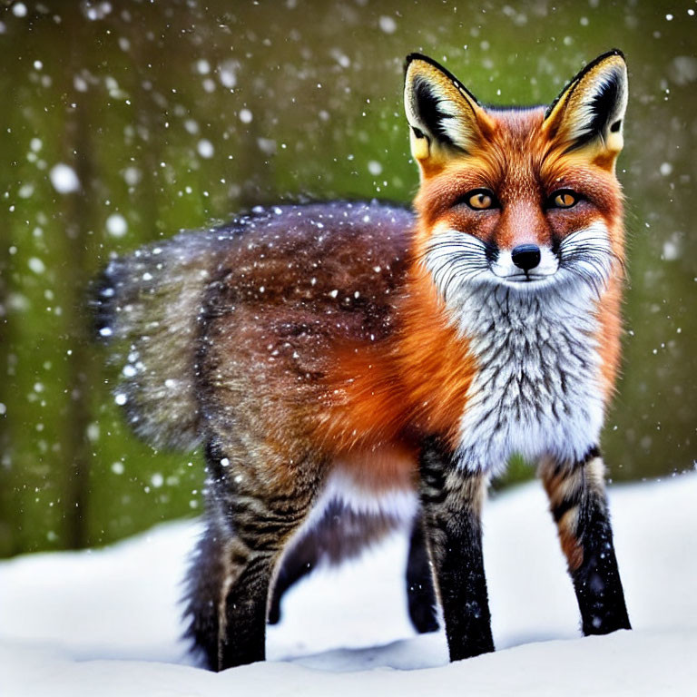 Red fox in snow with falling snowflakes, vibrant and attentive