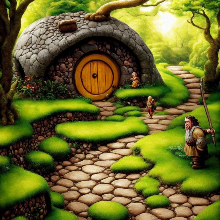 Quaint stone house with round door in lush green landscape with small bearded figures