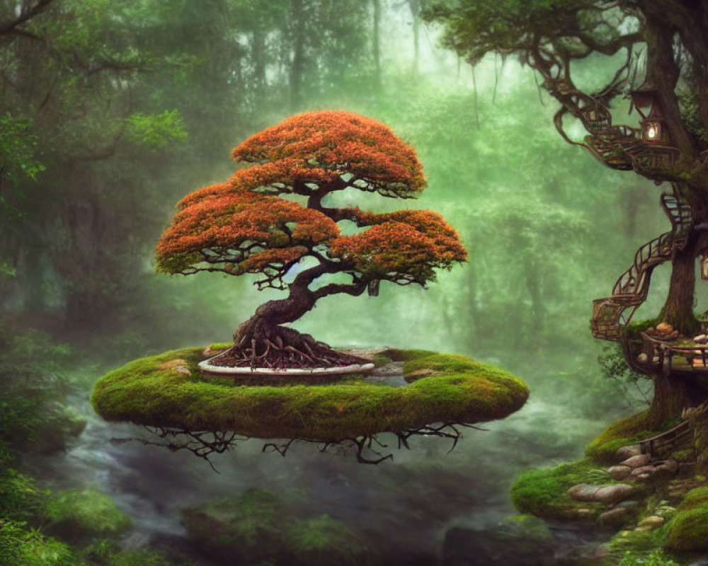 Mystical floating island with vibrant bonsai tree and treehouse in serene forest