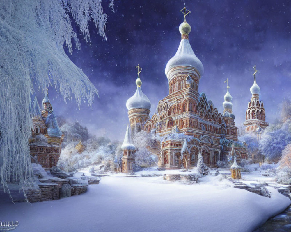 Snowy Cathedral with Onion Domes in Twilight