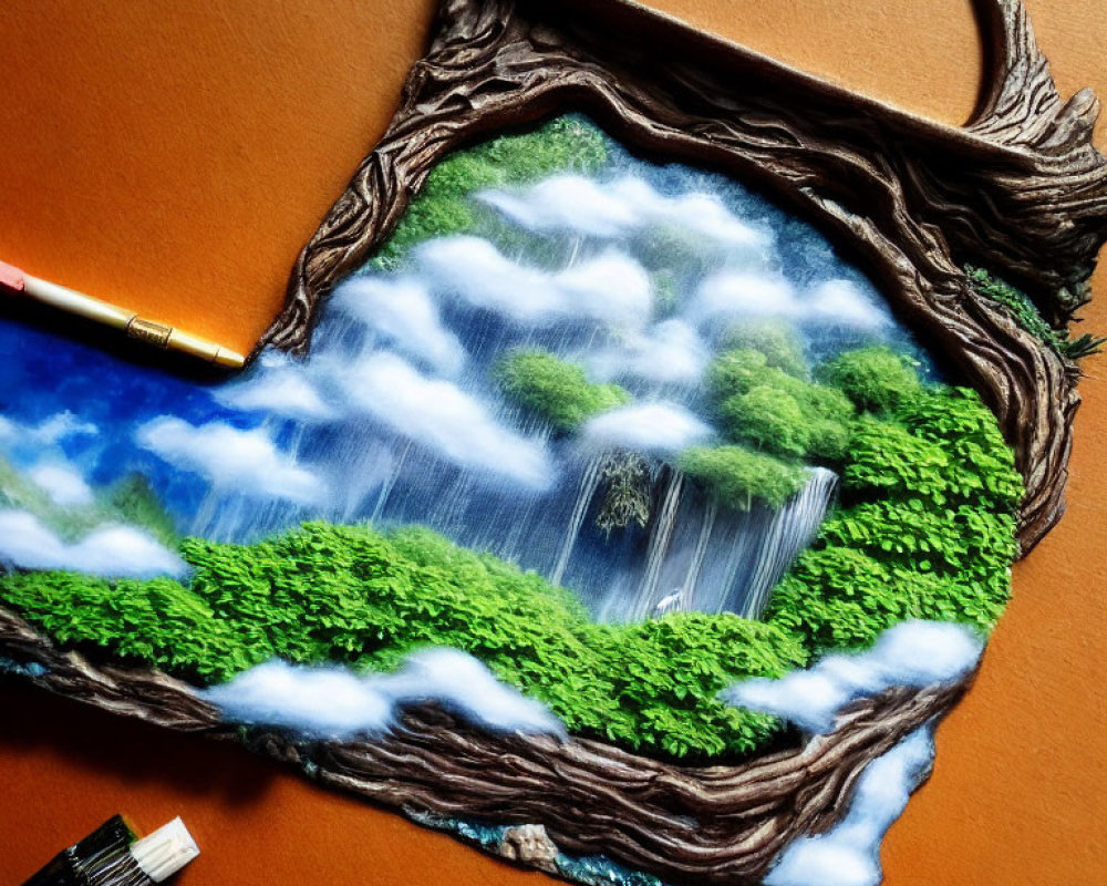 Detailed 3D nature scene with waterfall, trees, and blue sky on paper.