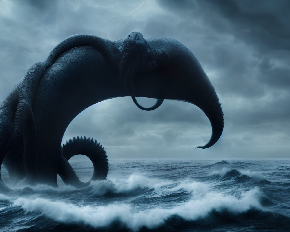 Giant surreal elephant blending into stormy sea waves