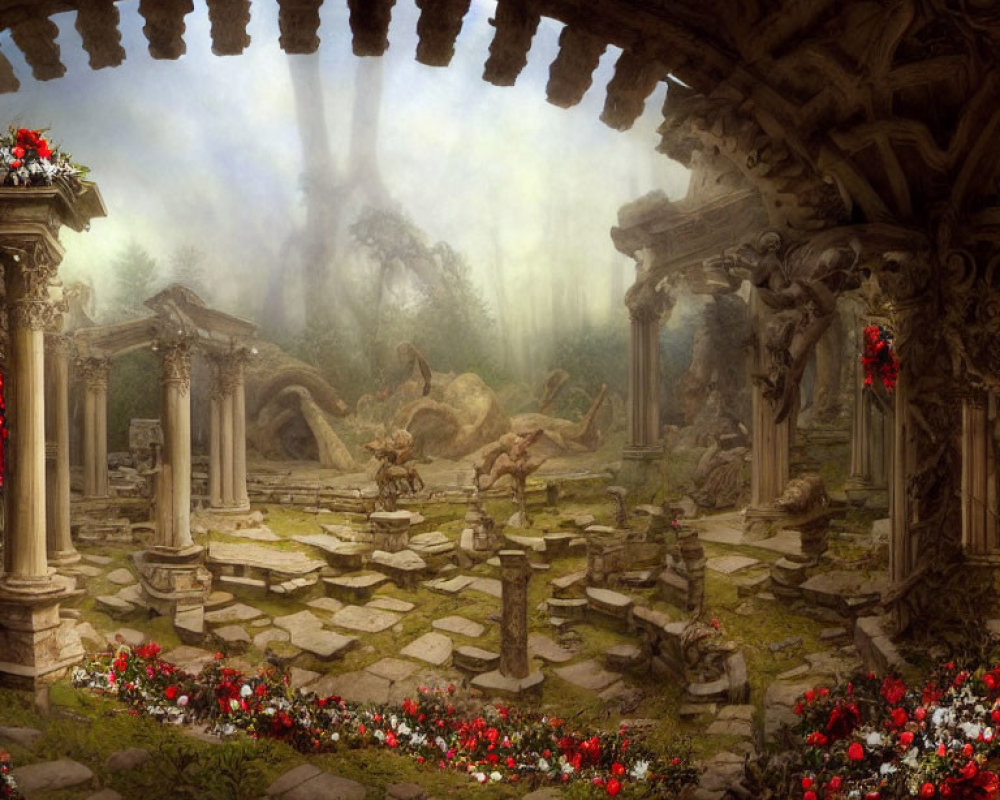 Mystical forest scene with ancient ruins, vibrant flowers, and graceful deer