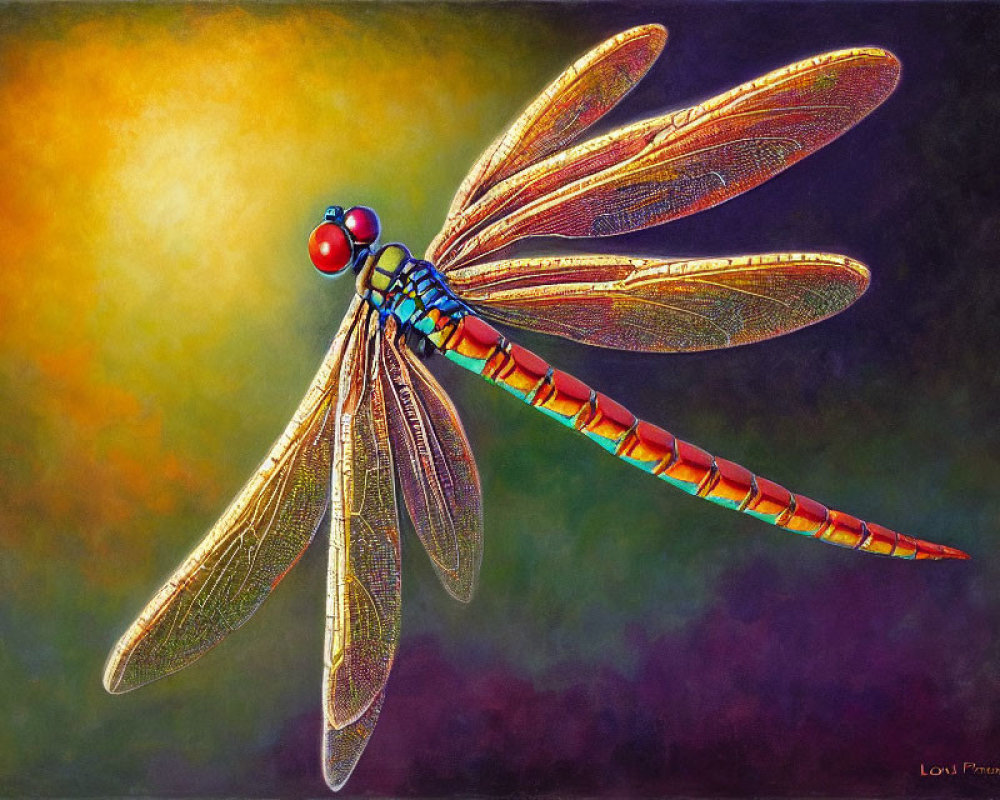 Vibrant dragonfly art with detailed wings on gradient backdrop