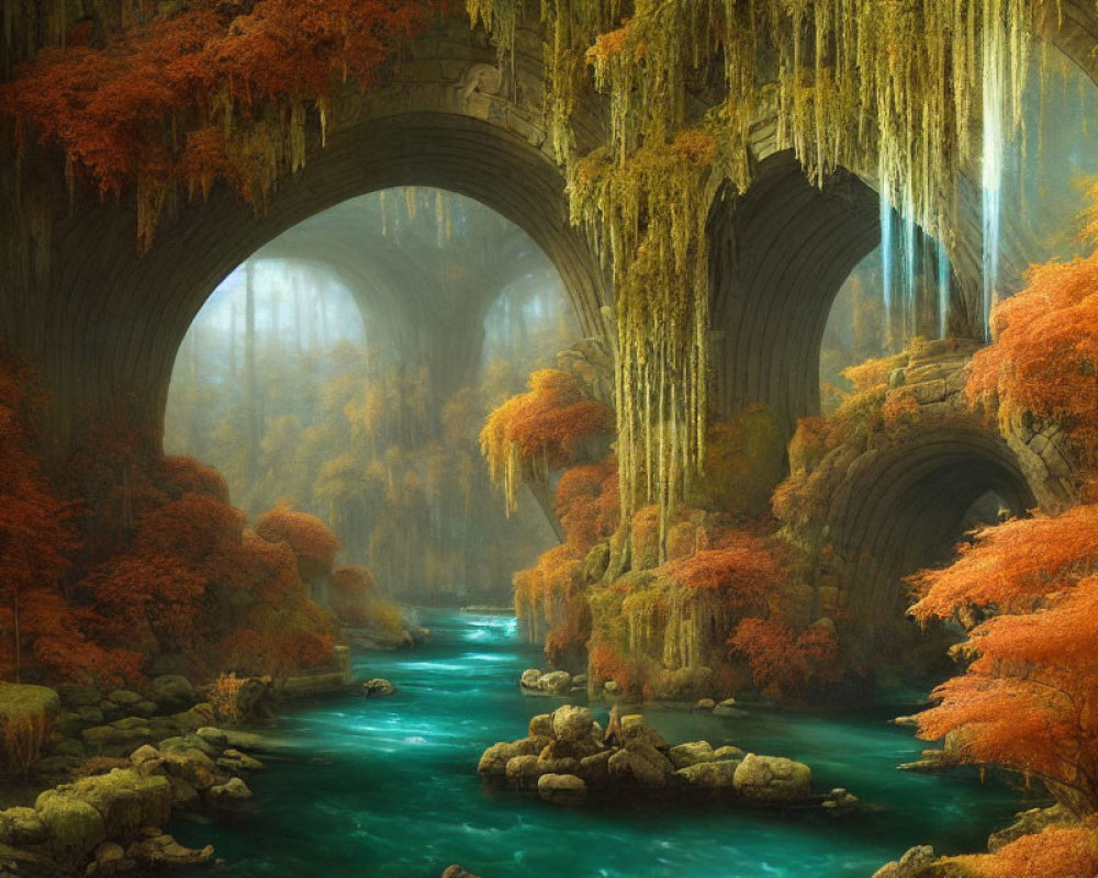 Mystical forest with ancient stone bridge over serene river