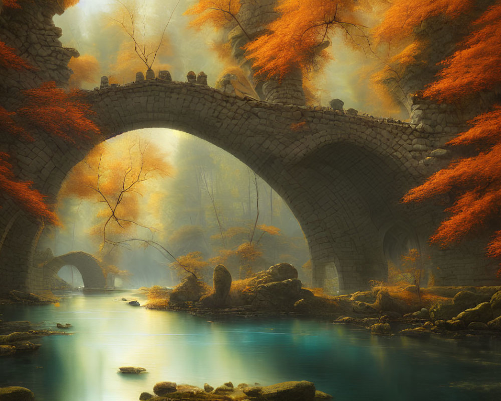 Stone arch bridge over serene river in mystical autumn forest