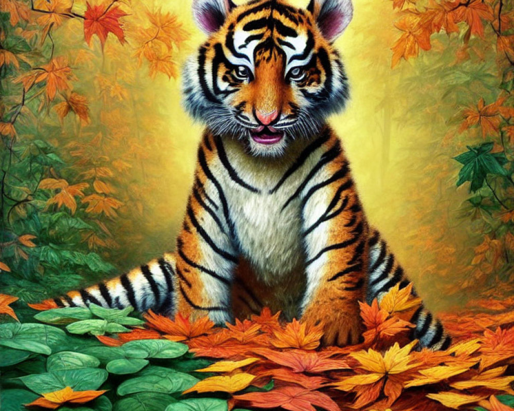 Young Tiger Surrounded by Colorful Autumn Leaves